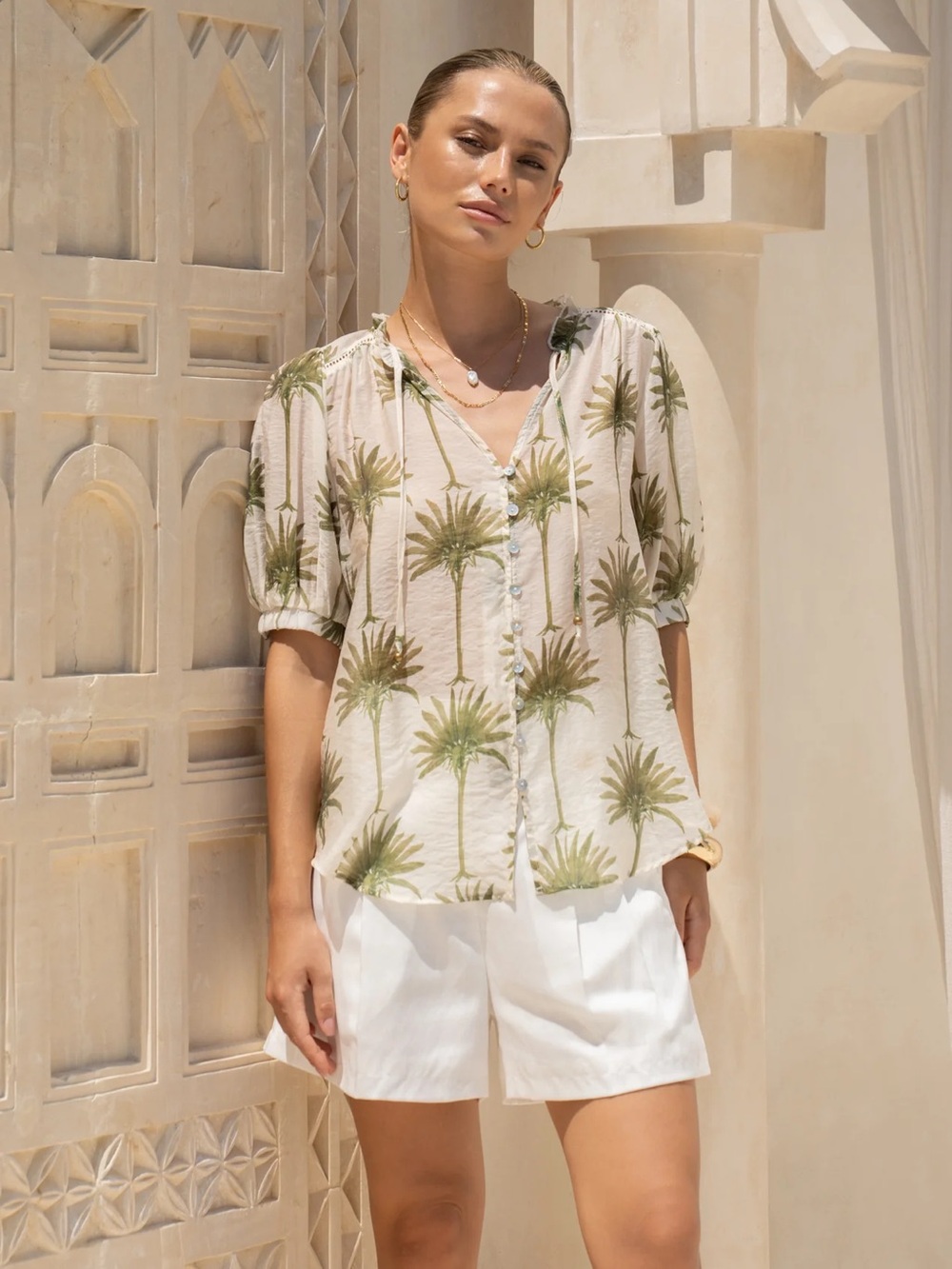 Bailey 44 Cream Olive Palm Tree Puff Sleeve Lyocell Blouse Top Button Front Sz M